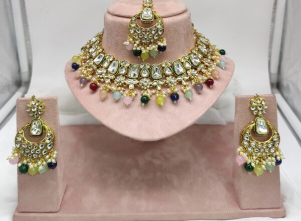 Stefan Ethnic Gold Plated White Kundan Big stone Necklace Set For Women
